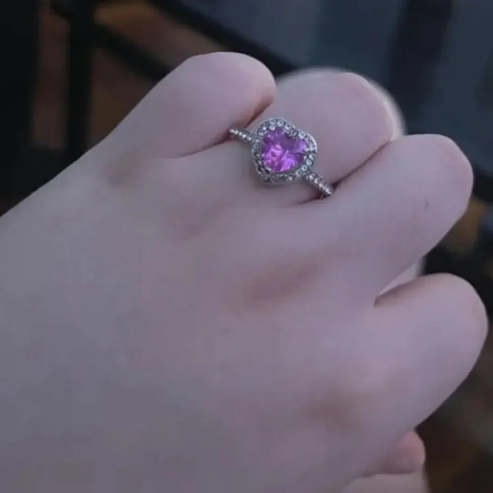 Ladies Pink Lab Created Diamond Trendy heart promise ring sz 7